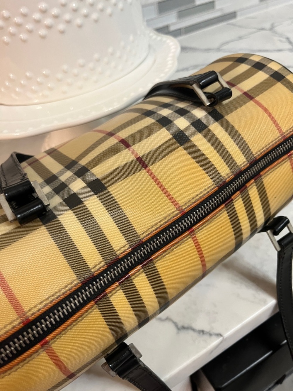 Burberry Beige Plaid Barrel Satchel with Black Trim - Picture 13 of 13